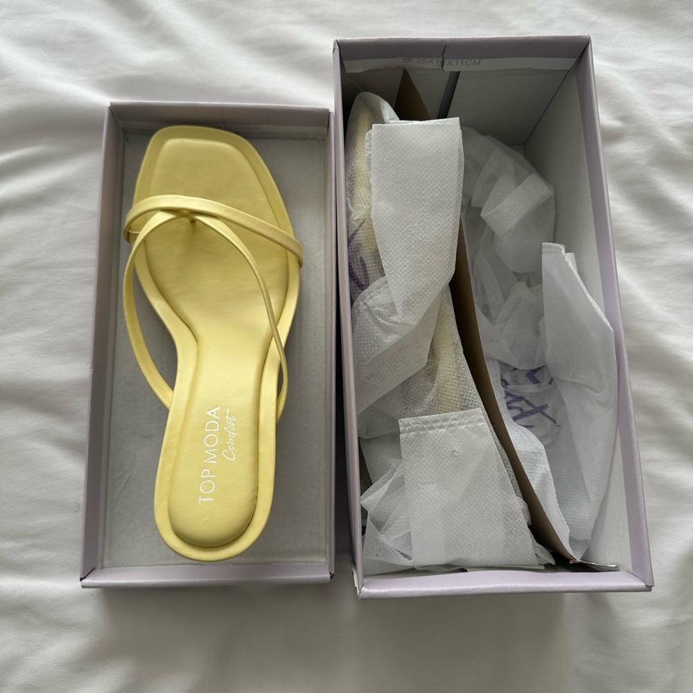 New With Box. Never Worn. Butter Yellow Panama thong mules. Size 6.5